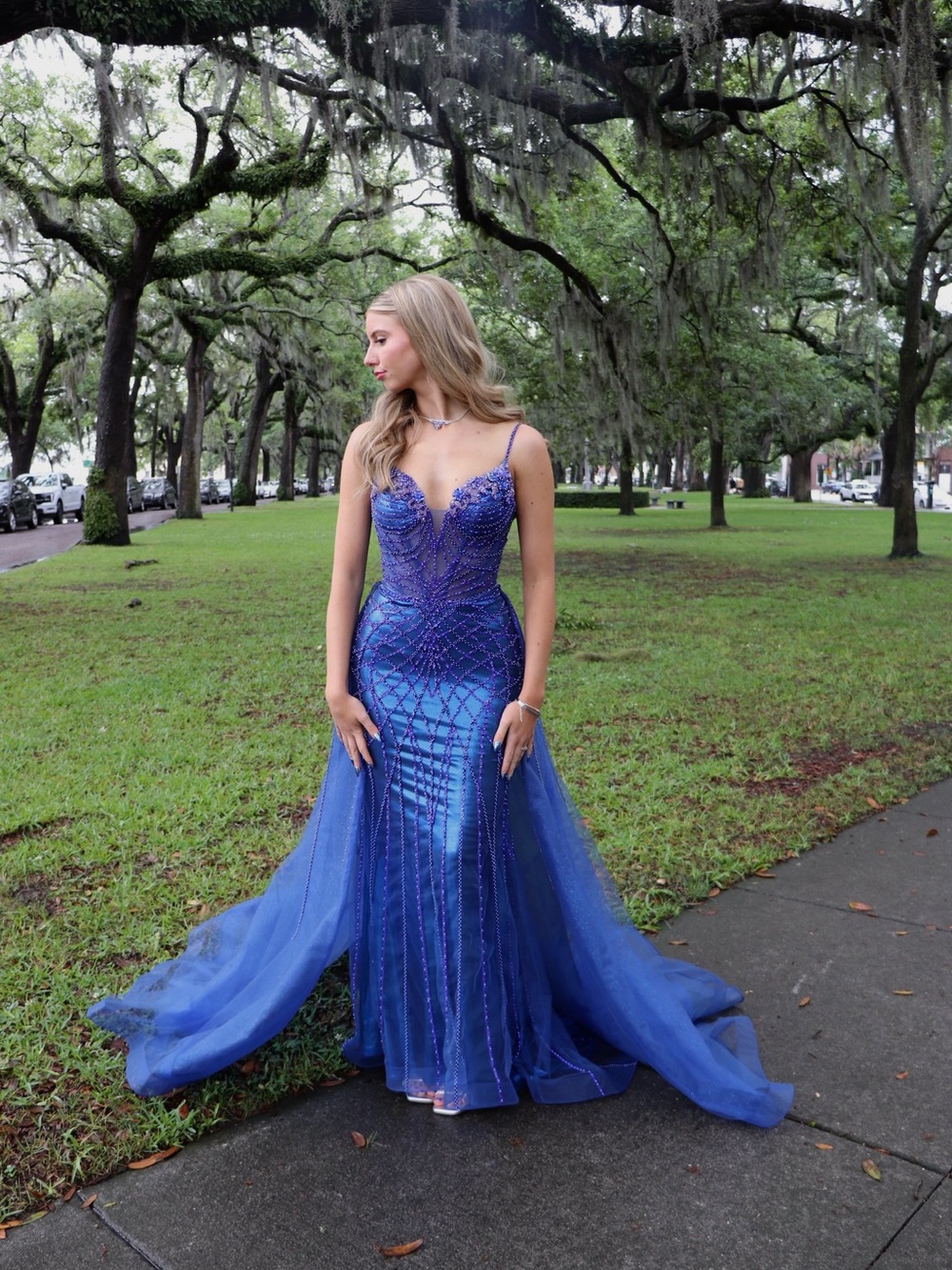 Elegant Blue Beaded Evening Gown - Women